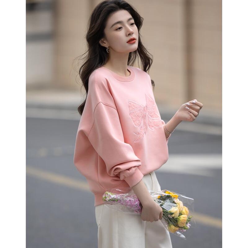 Demana Women's Air Layer Sweatshirt with Bow Applique Lace Embroidery