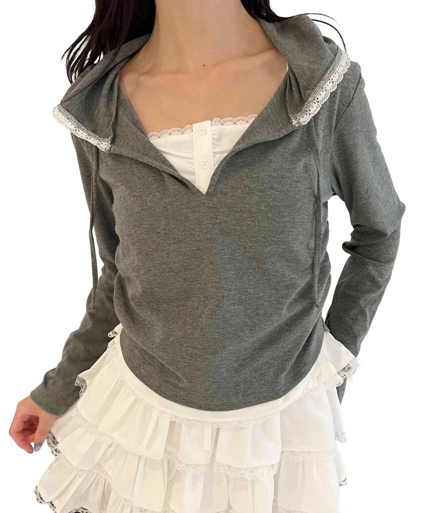 WEGO PHILLY Faux Layered Cut Gray Hoodie, Women's,