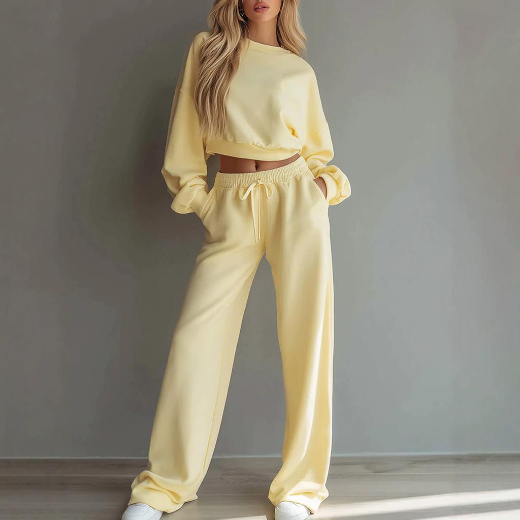 Women Tracksuit Set Long Sleeve Crop Top And High Waist Sweatpants Casual Loose Fit Loungewear Two Piece Set