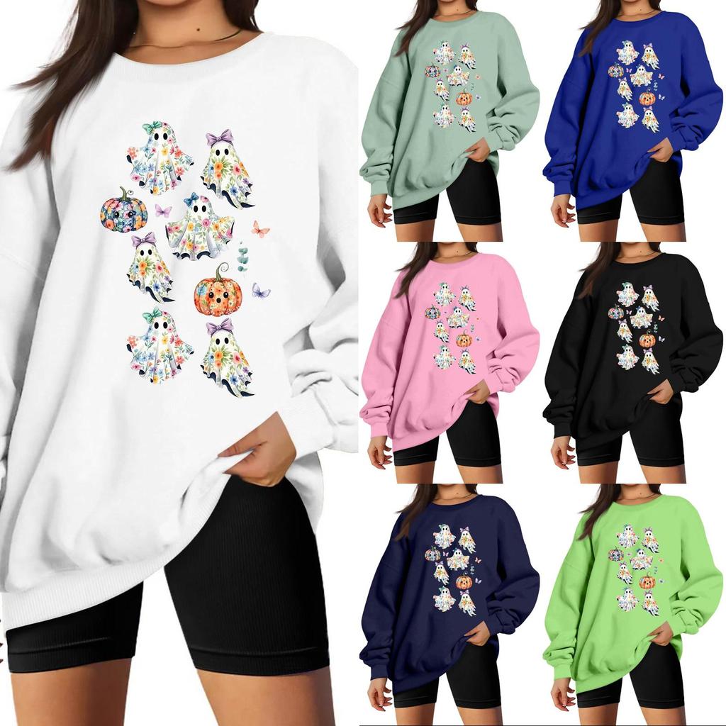 Women's Neck Long Sleeve Loose Fit Casual Sweatshirt Pullover Top with Halloween Print