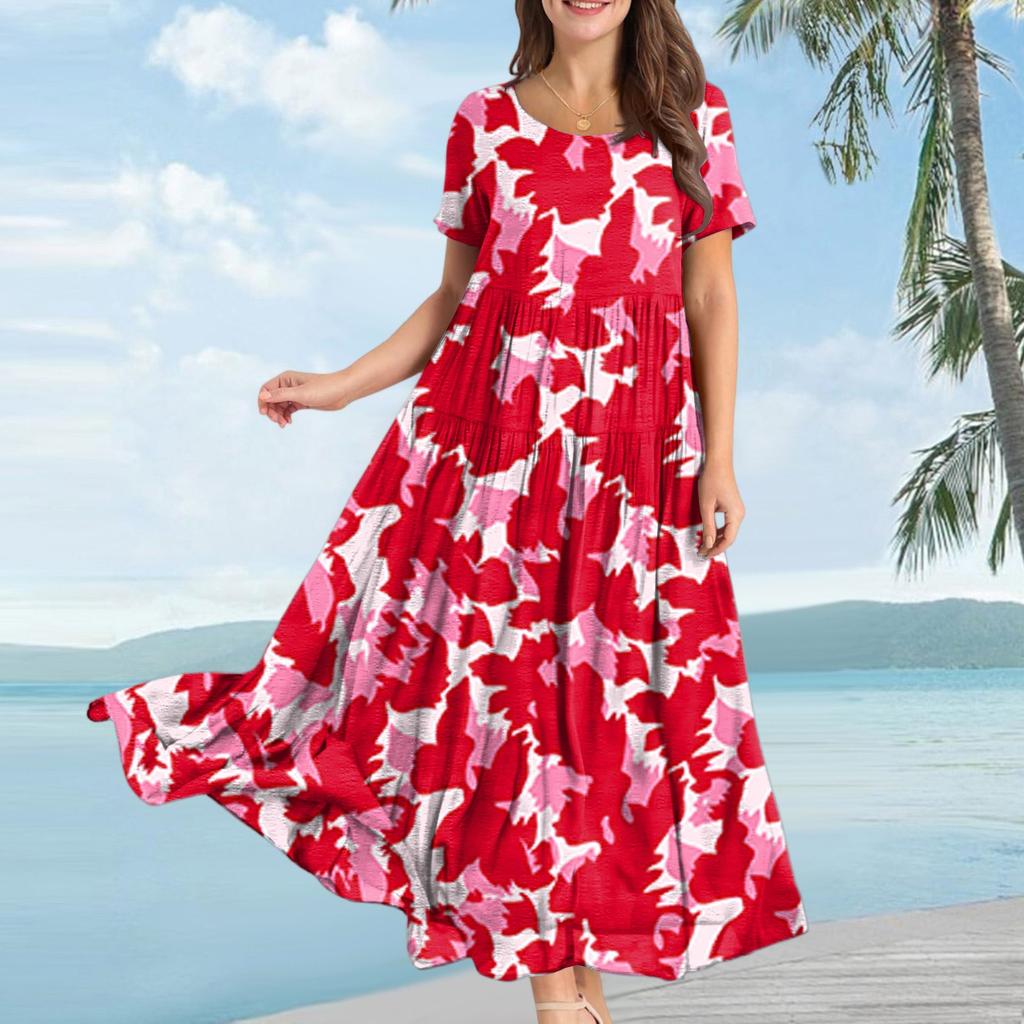 Women Casual Loose Bohemian Floral Dress Short Sleeve Long Maxi Summer Beach Swing Dress