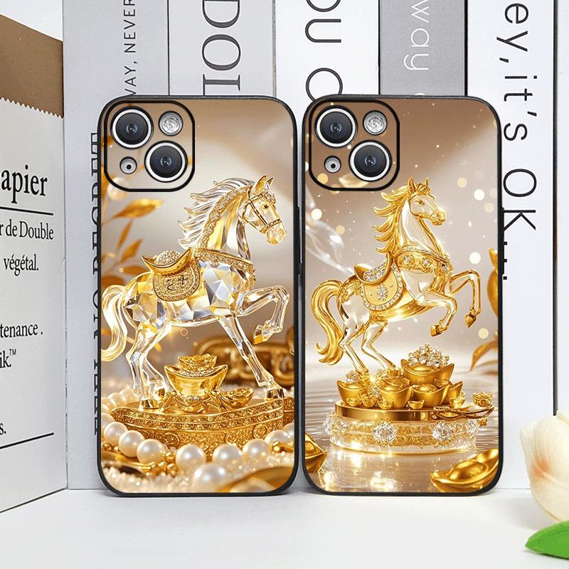 Luxury Crystal Golden Horse Pattern Phone Case for IPhone 17 16 12 11 14 Plus 13 15 Pro Max Mini X XS XR Shockproof Soft Covers