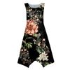 Lässiges, modisches Damen-Midikleid mit Rundhalsausschnitt, ärmellos, Blumendruck, unregelmäßiger Saum