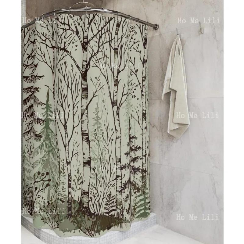 Scandinavian Forest Cloth Shower Curtains Featuring Sketched Birch Pine Trees Twigs And Foliage With A Tranquil Natural Nordic