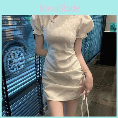 Vintage Chinese Style Dress With Knit Fabric And Drawstring Waist For Summer Women