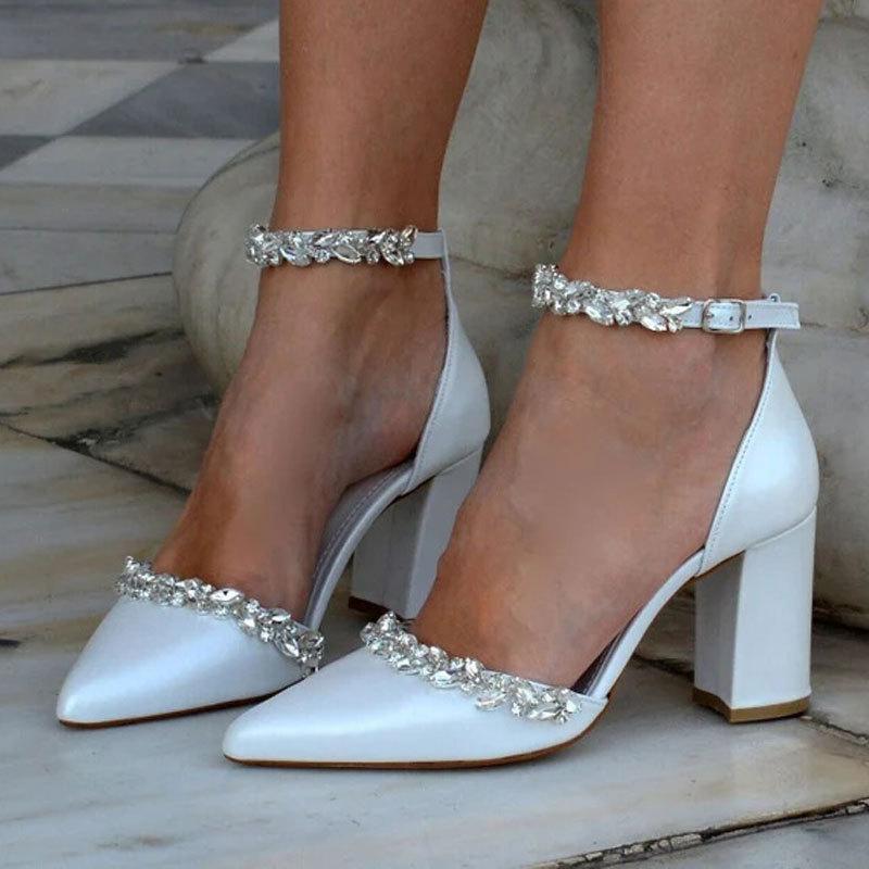 White pointed high heels thick heel spring and summer new rhinestone temperament bag head word with shallow mouth sexy women's shoes