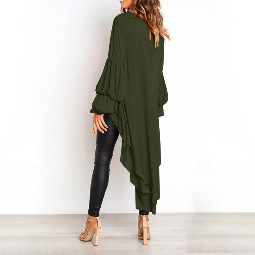 Women's Casual Loose Round Neck Long Sleeve High Hem Irregular Top Shirt