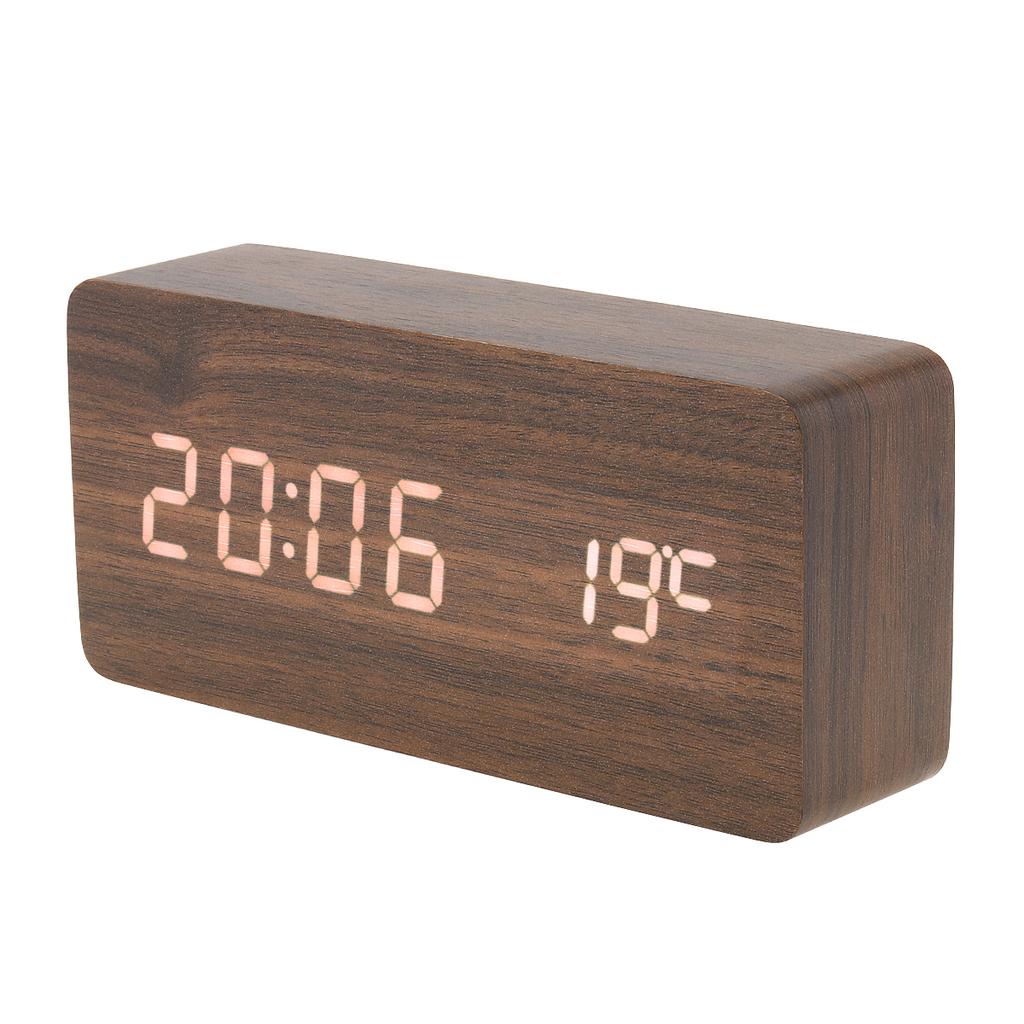LED Holz Wecker Sprachsteuerung Zeit Datum Temperatur Digital Bambus Rechteck Tisch Schreibtischuhr Alarm