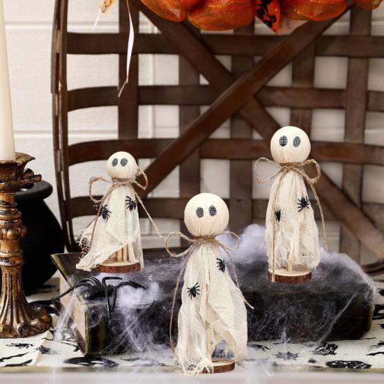3Pcs Rustic Halloween Ghost Decor Handcrafted Wooden And Fabric Ghost Figurines 3 Sizes Farmhouse Style Shelf Decorations Party Supplies