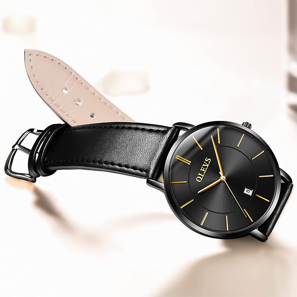 OLEVS Men's Watch 40mm Slim Case Date Display 30m Water Resistant Leather-Style Band Business Casual Multi-Color Options Lightweight 35g Fashion Watch