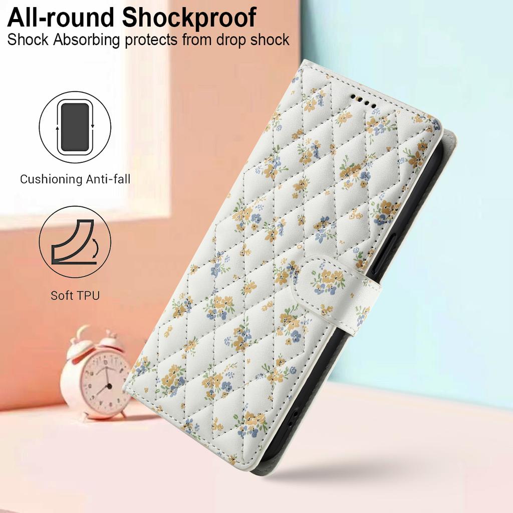 For iPhone 17 Wallet Case Rhombic Floral Design Leather Flip Phone Cover with Strap