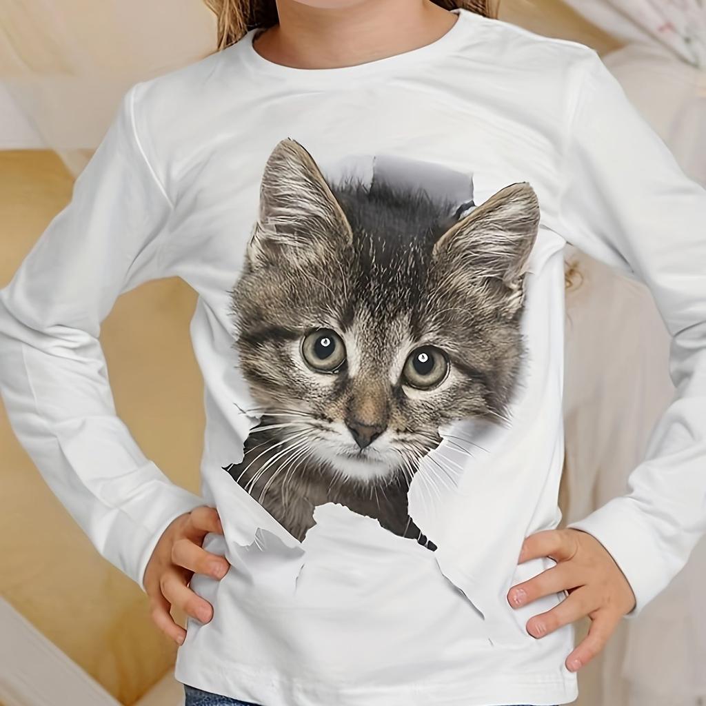 Children's Clothing Girl T-Shirts Long Sleeve Child T Shirt Cartoon Round Neck Cat Print Casual Kids Summer Clothes Girl Top Tee