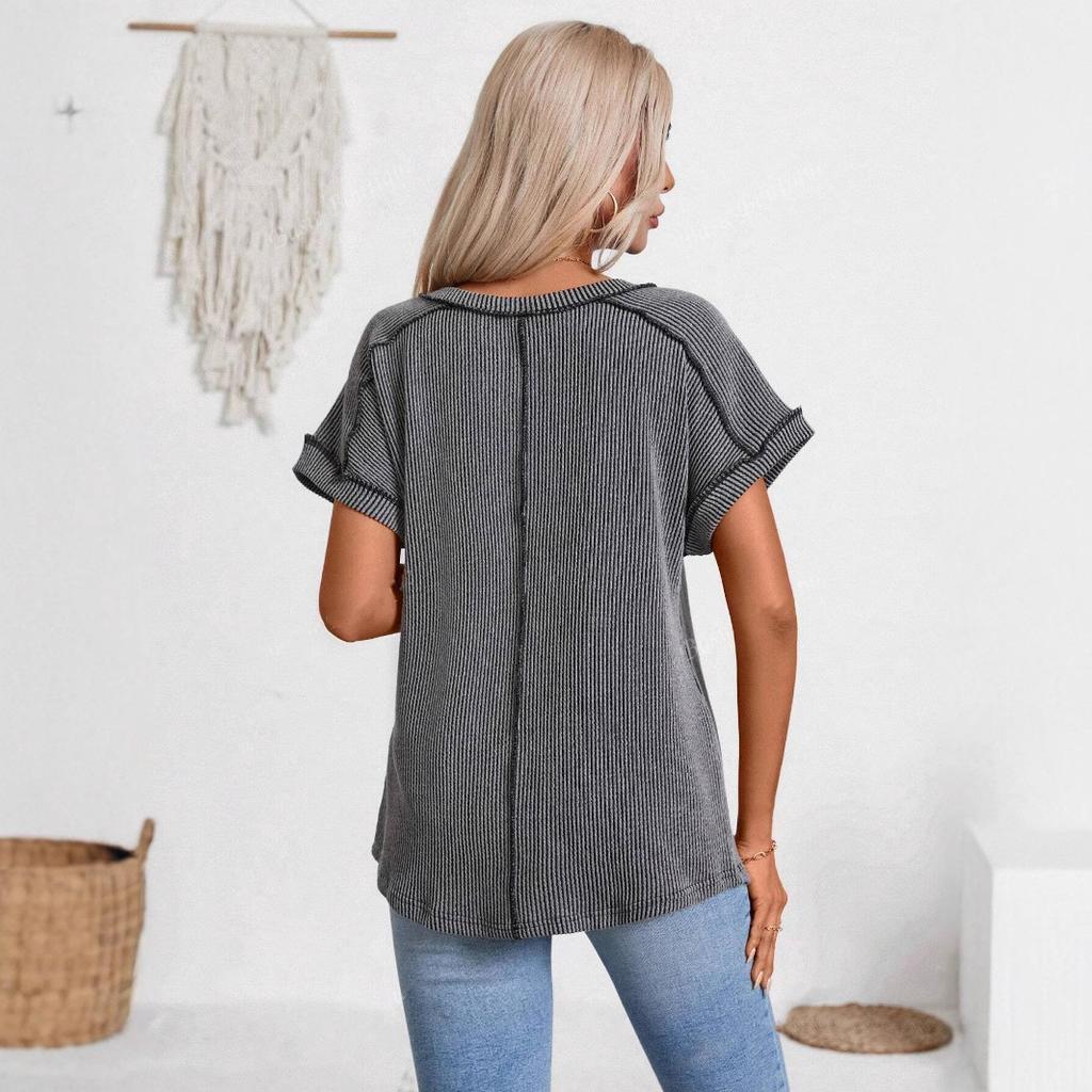 GMXIA Spring Summer Fashion Two-color Twist Short Sleeve V-neck Top T-shirt for Women