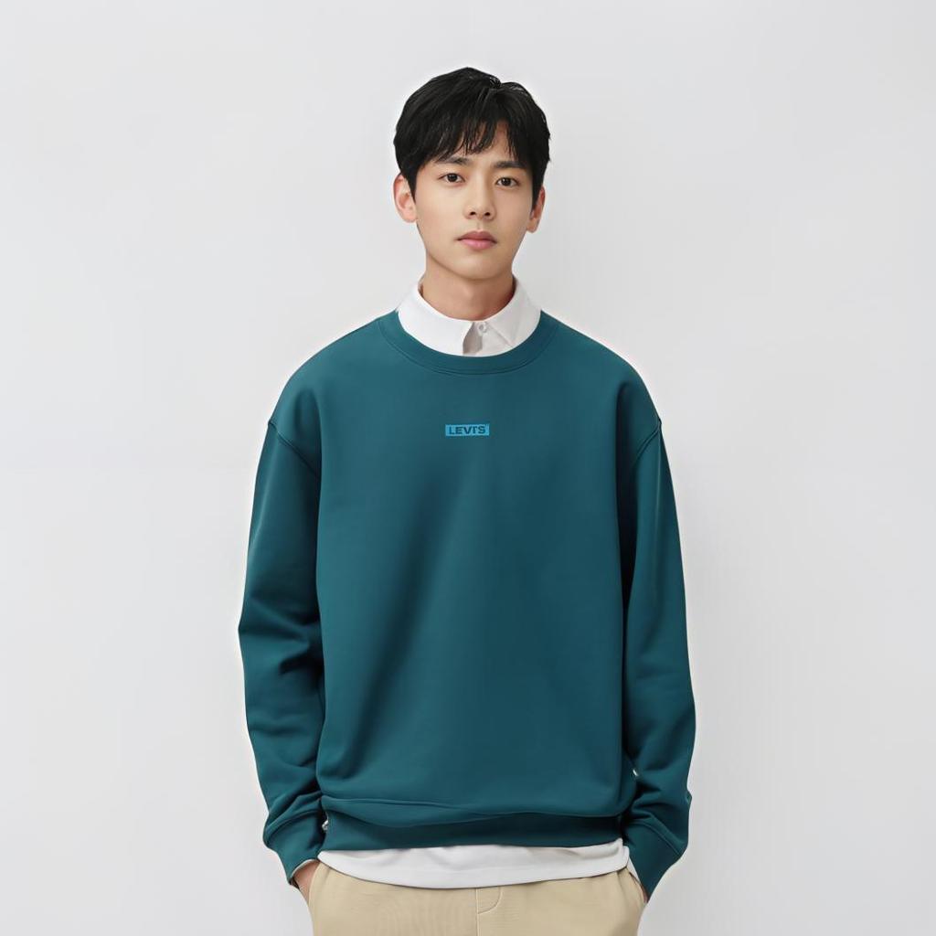 Levis Loose Fit Printed Ribbed Crew Neck Long Sleeve Sweatshirt Men Sweatshirt Peacock-Blue 0019C-0001