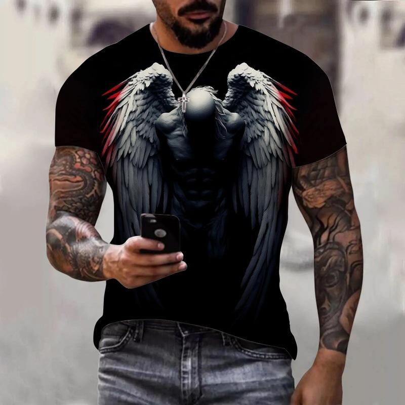 Summer Round Neck 3D Wing Pattern Print Top Fashionable Casual Short Sleeved Men's T-shirts