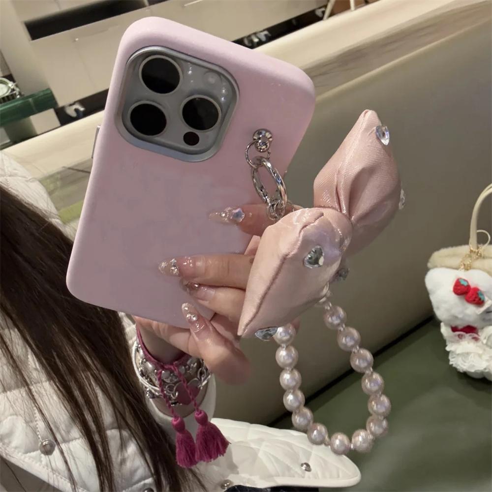 

Корейский милый 3D-чехол с бантом из ленты и жемчугом из ТПУ для iPhone 16, 15, 14, 13, 12, 11 Pro Max, милый матовый противоударный мягкий чехол For iPhone 16Pro розовый