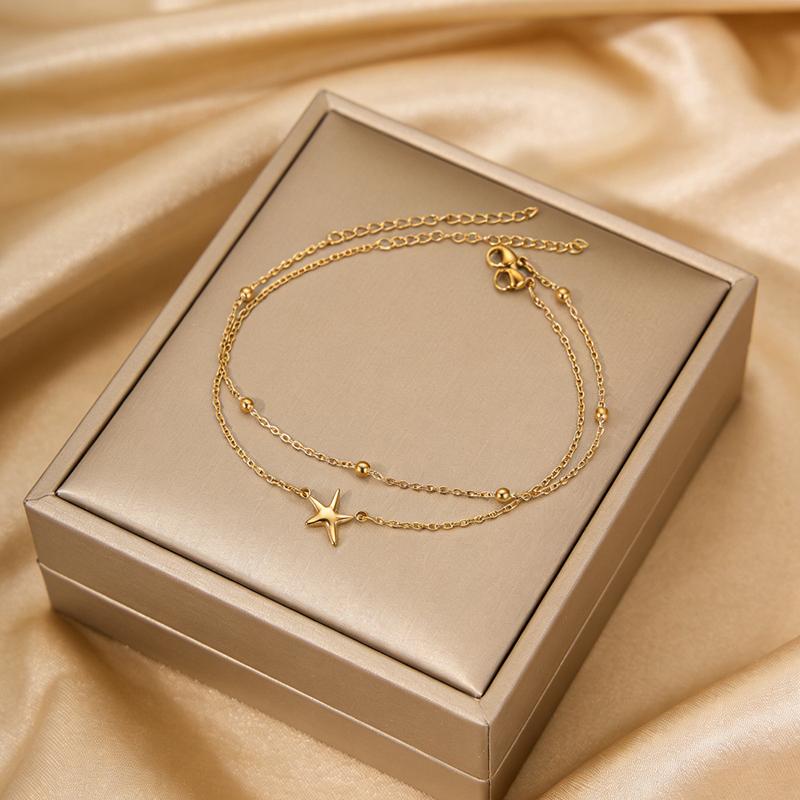 2026 New Stainless Steel Foot Chain for Women Minimalist Metal Five Pointed Star Double-Layer Anklets Seaside Vacation Zircon