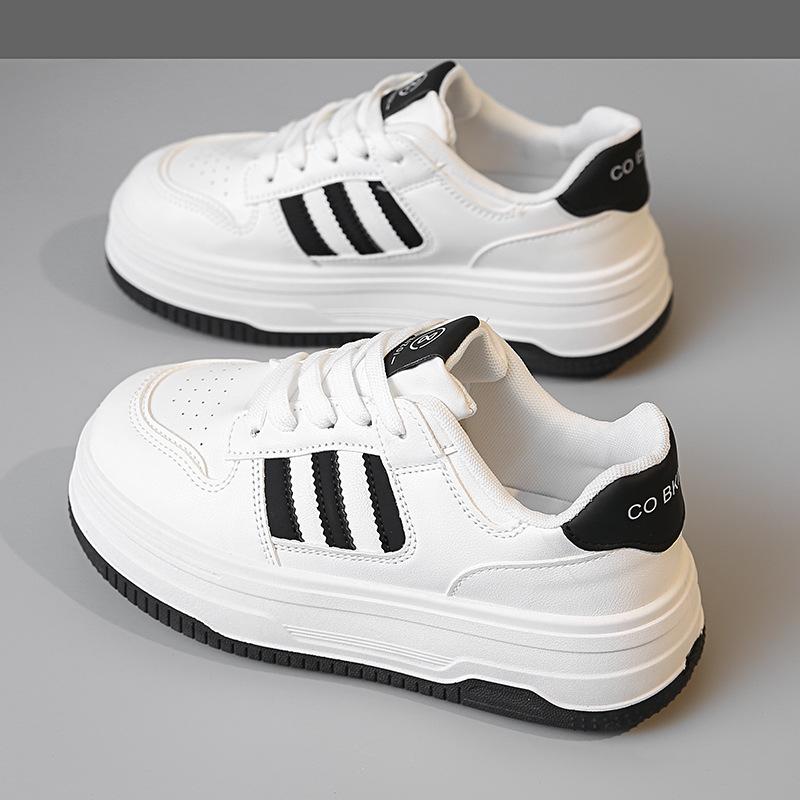 Damen Leder Dicksohlen Schuhe Frühling Neu Rundkopf Schnürschuhe Bequem Vielseitig Studenten Freizeit Sport Weiße Schuhe