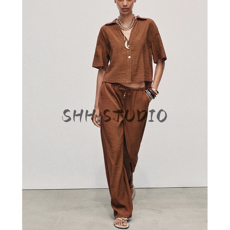 Honeycomb Plaid Short Sleeve Lapel Shirts 4387024 Series with Decoration Wide Leg High Waist Casual Trousers 4387022