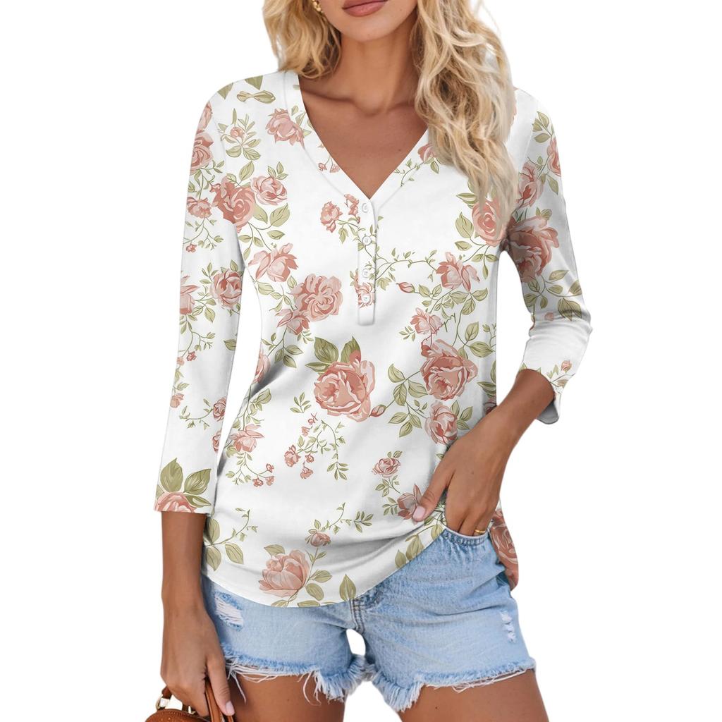 Damen Lässig Mode Sexy Bequem V-Ausschnitt Knopf Floral Dreiviertelarm Oberteil