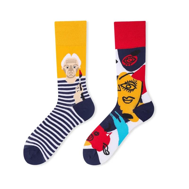 New Creative Couple AB Asymmetric Trendy Socks Fashionable Personalized Trendy Cartoon Jacquard Long Tube Cotton Socks