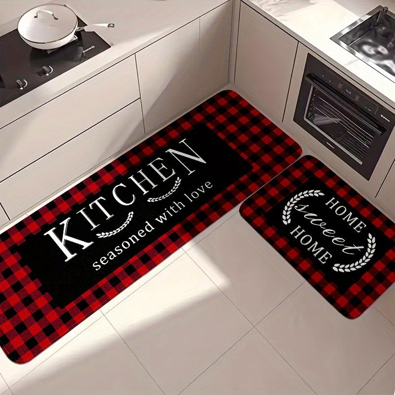 Red Plaid Kitchen Mat, European Style Flannel Non-Slip Soft Rug with Sponge for Kitchen Bathroom Floor Decor