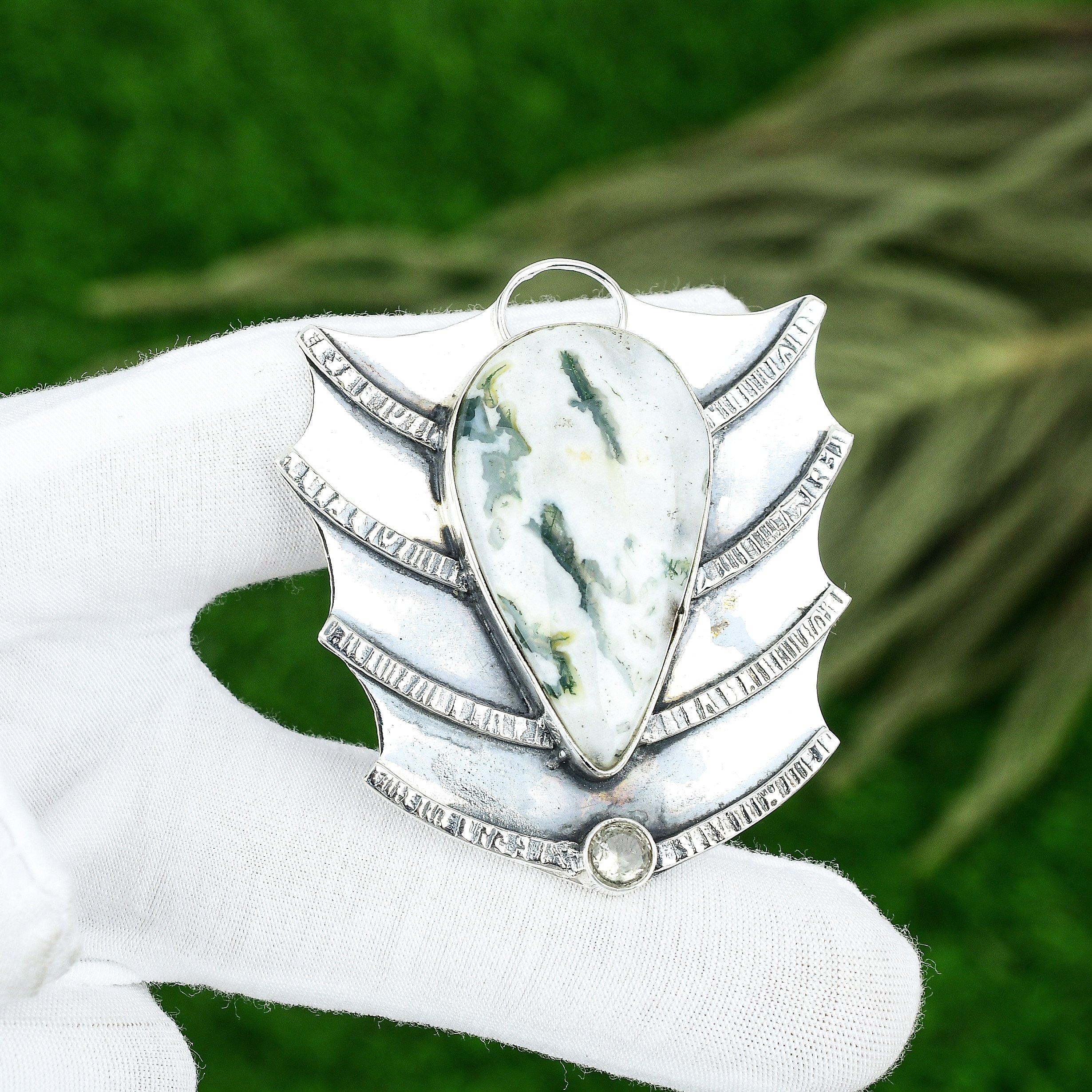 Easter Deal 925 Silver Pear Tree Agate Gemstone White Topaz Boho Pendant Jewelry