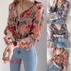 Fashion Women Chiffon Long Puff Sleeve Printed V-Neck Top Ladies Button Shirts