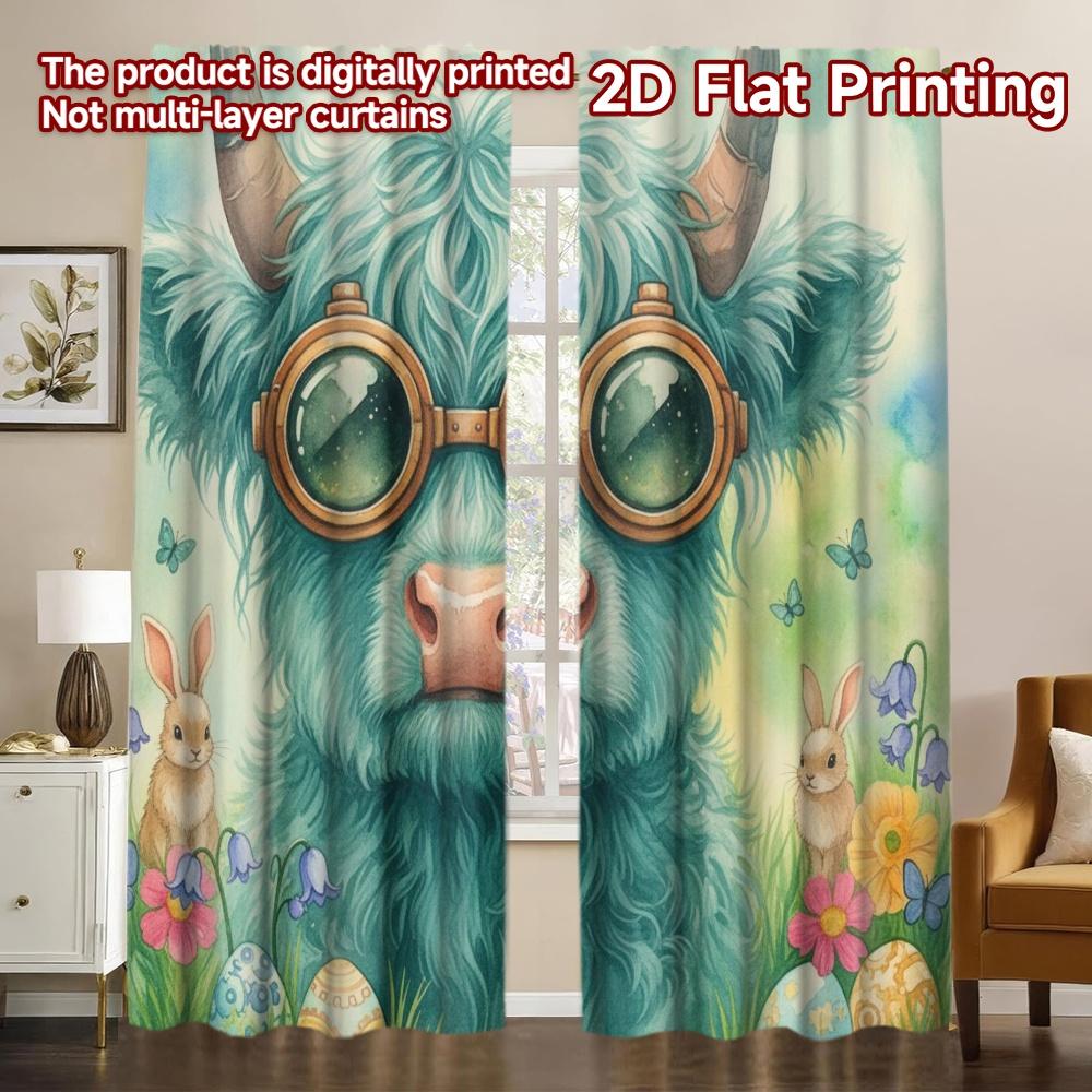 

Set Of 2 Flat Printing Valentine Day Window Drapes Easter Bunny Flowers Durable Polyester Fabric Without Curtain W100*H70(CM)-Rod Pocket&2PCS