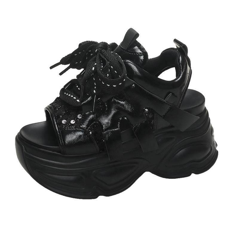 

Модные женские босоножки на толстой платформе, дизайнерские новые брендовые летние пляжные туфли 2024 года, женские босоножки на танкетке со шнуровкой 9 см, модные женские босоножки2 34 чёрный