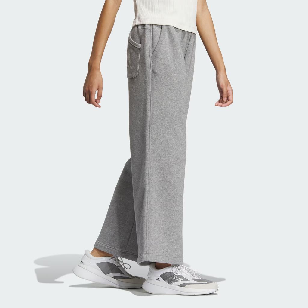 Adidas All Season Fleece Wide Pants With Embroidered Letter Details Women Bottoms Medium-Heather-Grey IZ4562