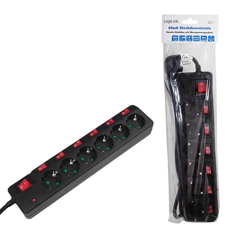 LogiLink Power Strip 6 Sockets 1.5m 7 Switches Surge Protector Black