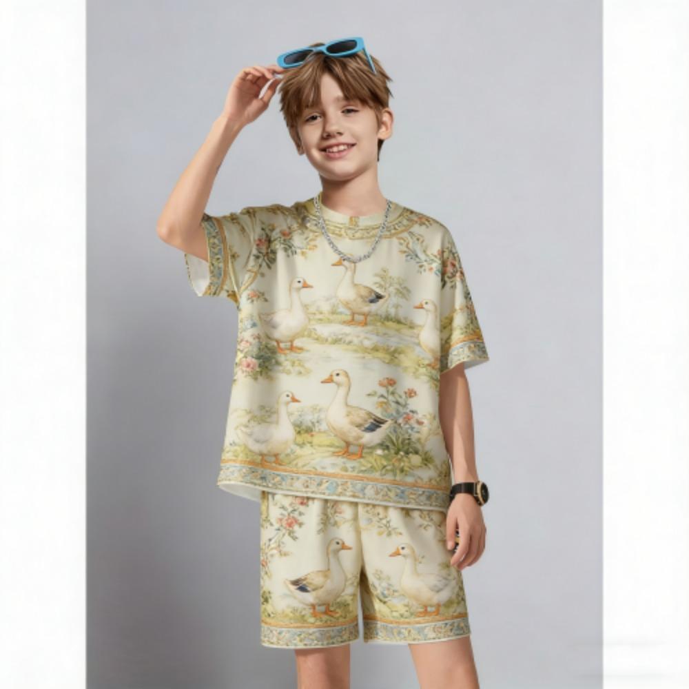 Men's Set Fashion Fun Animal Duck Printed Men's T-shirt and Shorts 2 Piece Set Summer Casual Outdoor Men's and Women's Outfit