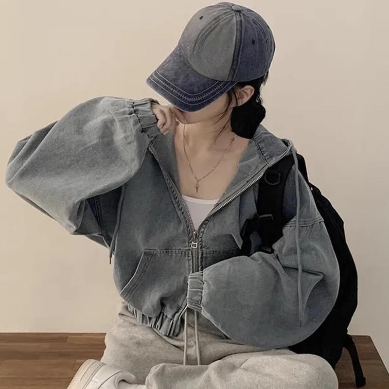Denimjacken Damen Mit Kapuze Frühling Herbst Einfarbig Koreanisch Vintage Locker Reißverschluss Oberteile Freizeit Langärmelig Mit Kapuze Kurz Jeansjacke