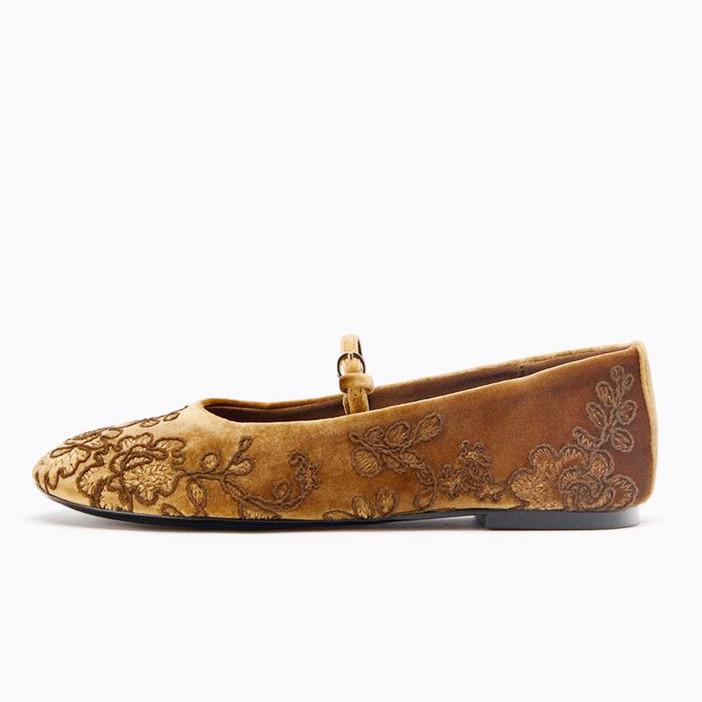 Fashion Velvet Effect Embroidered Flowers Ballet Flats Women's Loafers Light Comfort Mary Jane Shoes Elegant Round Toe Belt Casual Flats