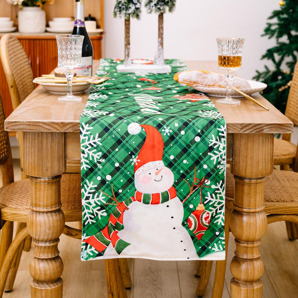 Festive Christmas Table Runner With Red Green Plaid Snowman Print For Holiday Decor