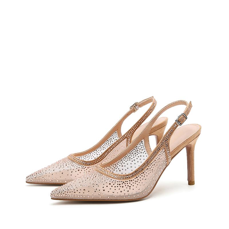 WO Huizhou 2025 summer new European and American fashion pointed mesh yarn rhinestone fine high heel temperament bag head sandals women