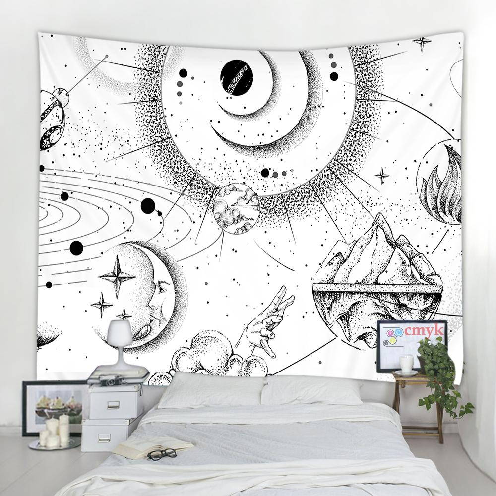 Sun Moon Tapestry Black White Starry Sky Wall Hanging Astrology Divination Matwitchcraft Hippie Mandalas Psychedelic Taiji Decor