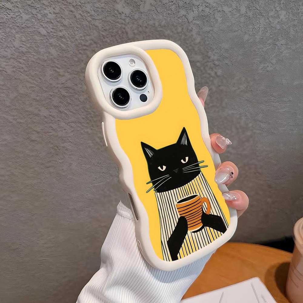 Cute Coffee Cat Wavy Edge TPU Mobile Phone Case for iPhone 17 16 15 14 13 12 11 Air Pro Max Plus Colorful Cover