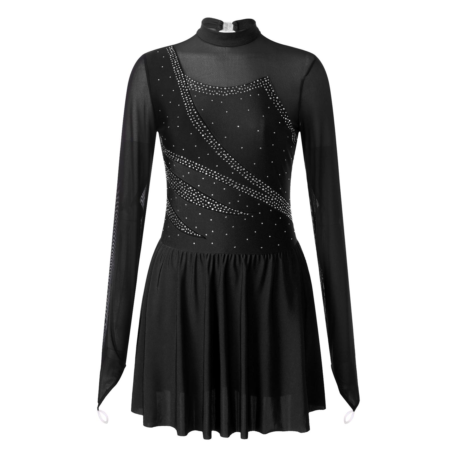 

Womens Figure Skating Costume Sparkle Rhinestone Mesh Long Sleeve Cutout Back Leotard Dress S чорний
