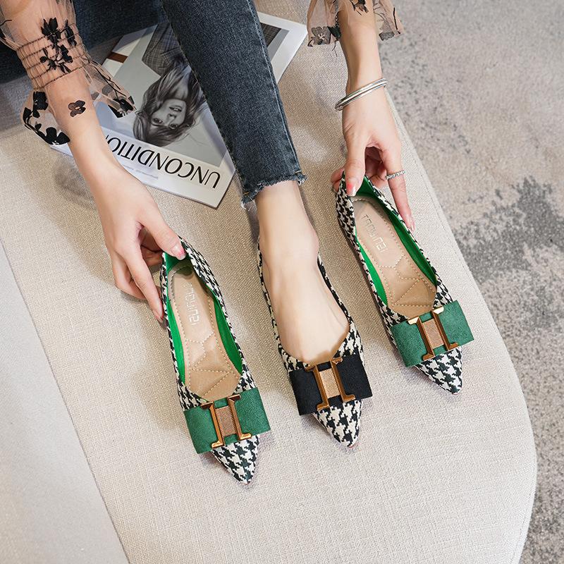 Women Flat Shoes Girl Fashion Houndstooth Pointed Toe Boat Shoes Girl Beautiful Slip-on Loafers