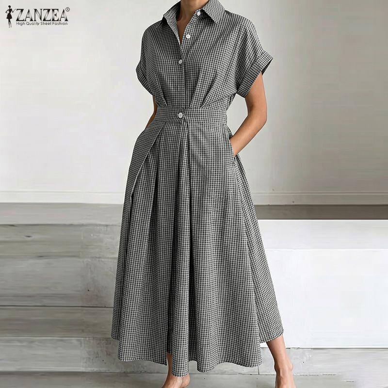 ZANZEA Casual dames overhemdjurk met omgeslagen kraag, ruitprint, losse korte mouwen