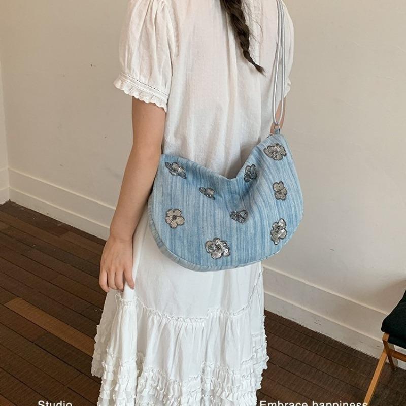 Niche flower sequined bag women's summer new denim bag fashion versatile commuter shoulder messenger bag