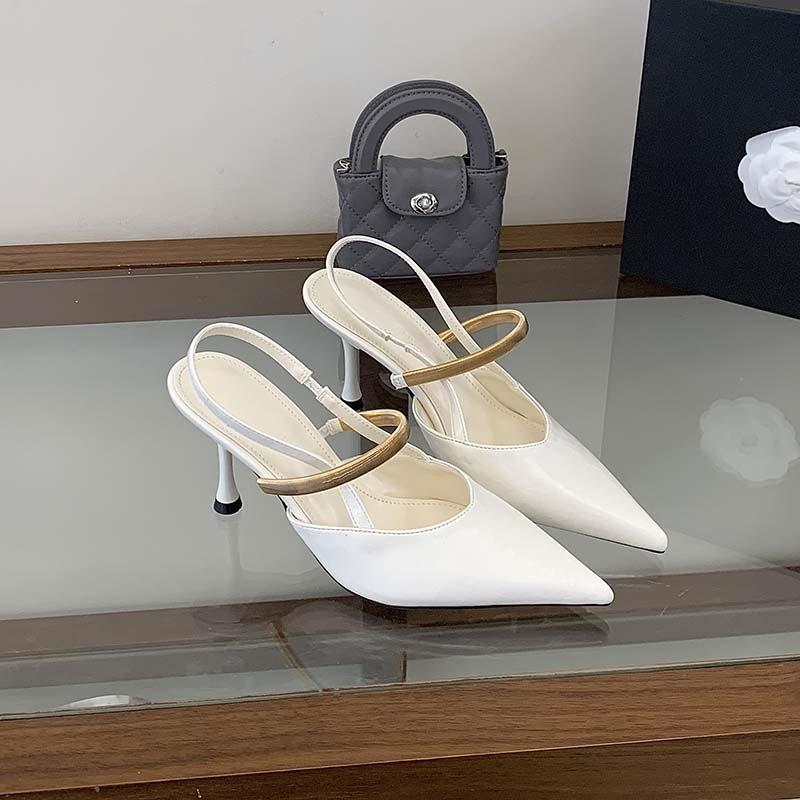 Beautiful Nude Patent Leather Pointed High Heels Women'S Summer Temperament Metal Word With Sexy Thin Heel Bag Head Sandals