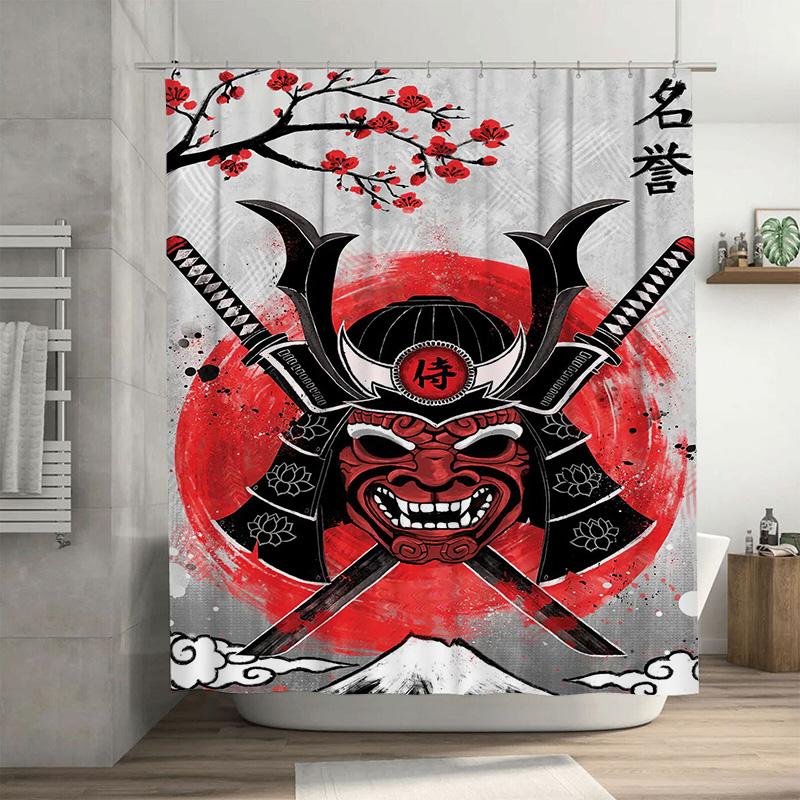 

Red Samurai Shield Wall Hanging Shower Curtain Decorative Anime Anime Bath Mat Waterproof Bathroom Liner W60H190(CM)-1 Pcs