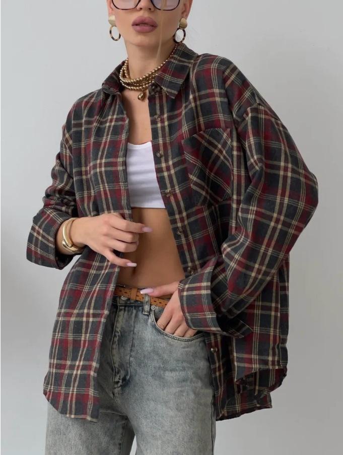 2025 Autumn Retro Plaid Lapel Loose Long Sleeve Women's Shirt