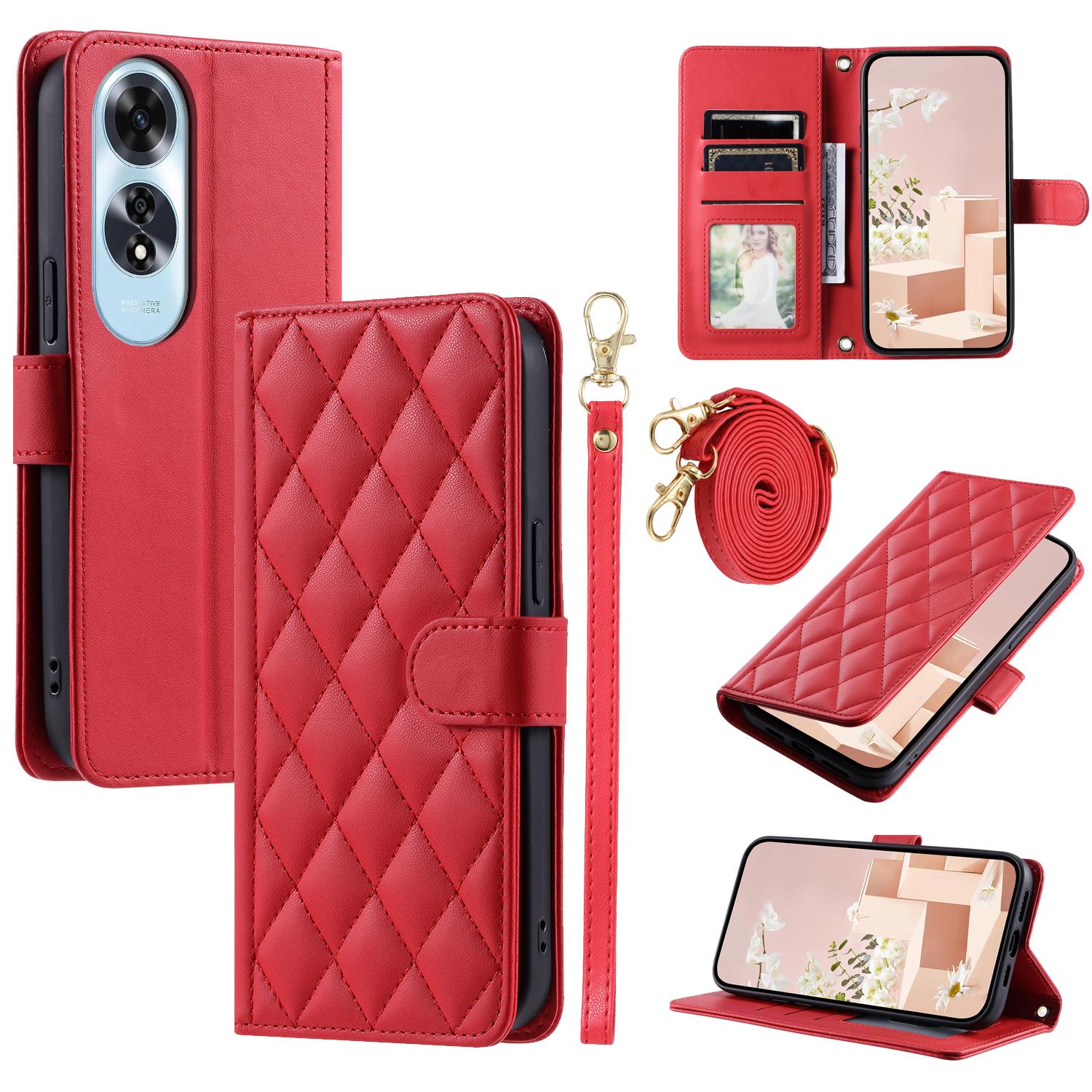

For Oppo A60 4G Wallet Case Rhombus Grid PU Leather Phone Cover Red