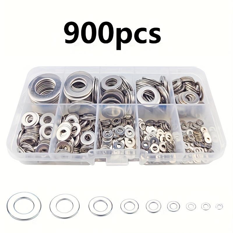 Pudełko z asortymentem płaskich podkładek ze stali nierdzewnej 304 (900 szt., M2-M12, Typ O)