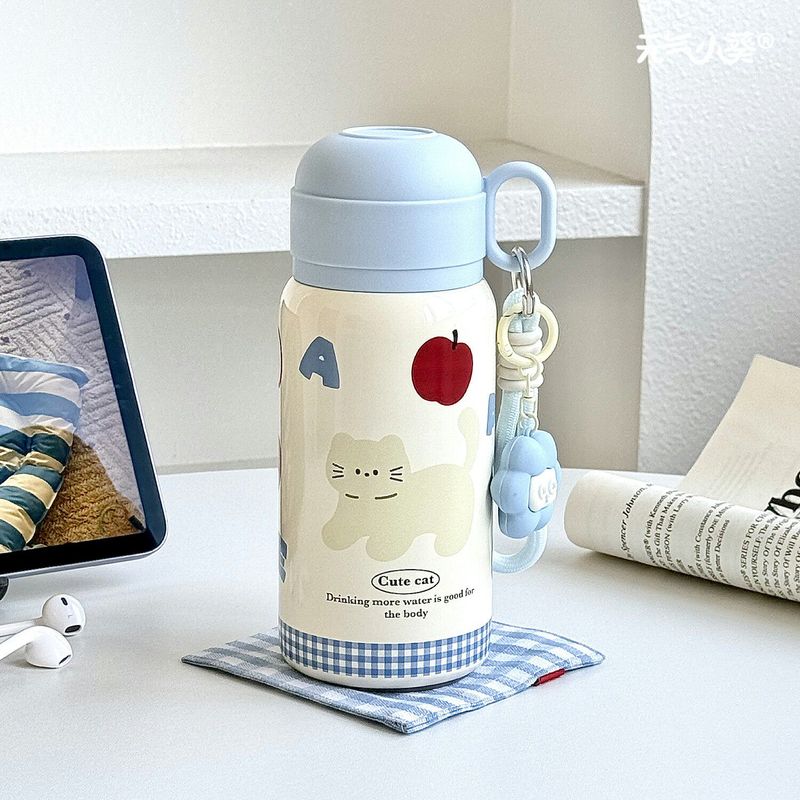 Letter Apple Little Cat Cute Large Capacity Insulated Cup High-Quality Student Campus Portable Three-In-One Drinking Cup with Straw