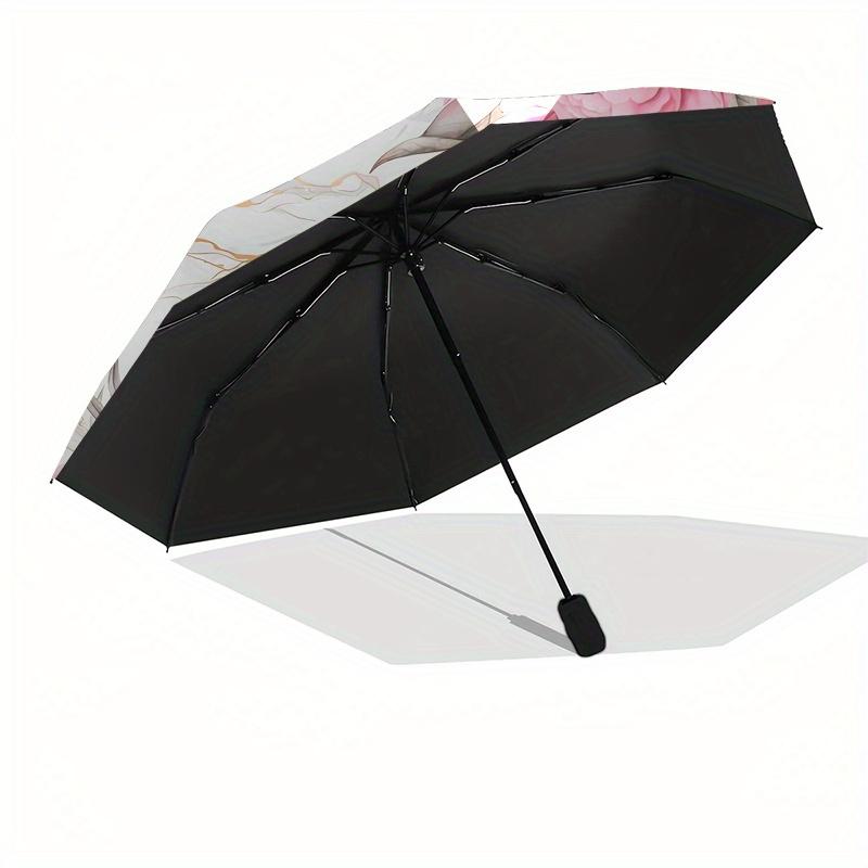 Marble TextureFloral Design Automatic Folding Umbrella Simple 8 Rib Design, Bright Cartoon Pattern, Durable Iron Frame, Suitable For Travel
